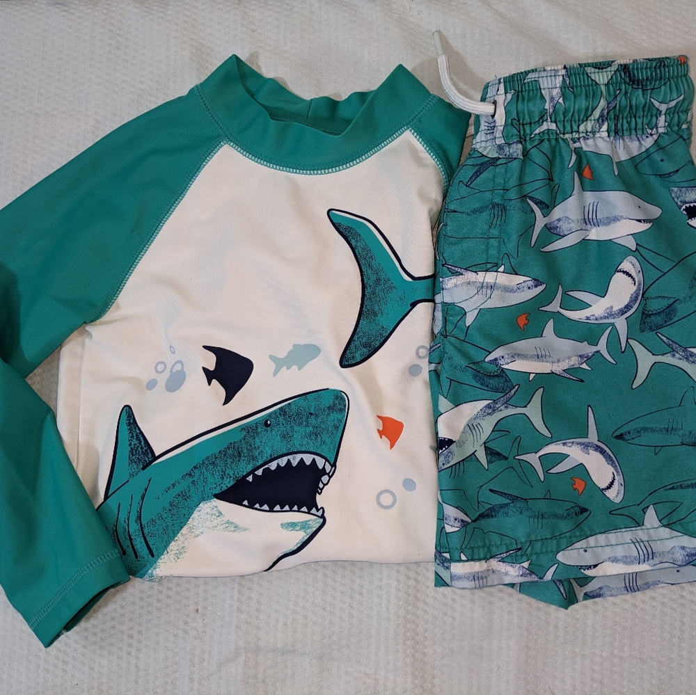 🥽 Child of Mine Shark Swim Trunks & Rashguard Aqua Toddler 3T - Picture 3 of 10